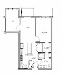 A floor plan of a small apartment with a den, living room, and two closets.