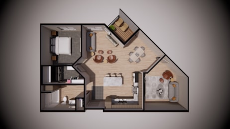 A 3D rendered image of a house layout with a kitchen, living room, and two bedrooms.