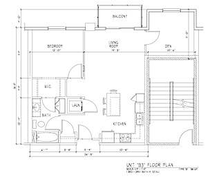 A black and white image of a "B3" floor plan for a residential unit, showing the layout of the bedroom, living room, kitchen, bath, and laundry areas.