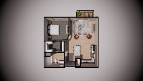 A 3D floor plan of a small apartment with a kitchen, living room, and bathroom.