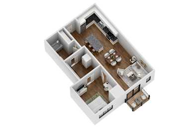 A 3D floor plan of a house with two bedrooms, a living room, a kitchen, and a bathroom.