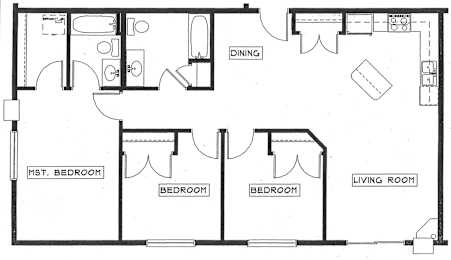 A floor plan of a house with a dining area, three bedrooms, and a living room.