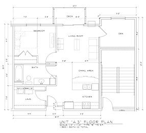 A floor plan of a unit with a living room, dining area, kitchen, bath, and bedroom.
