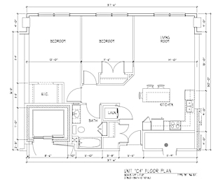 A floor plan of a unit C4 shows a living room, two bedrooms, a bathroom, a kitchen, and a laundry area.
