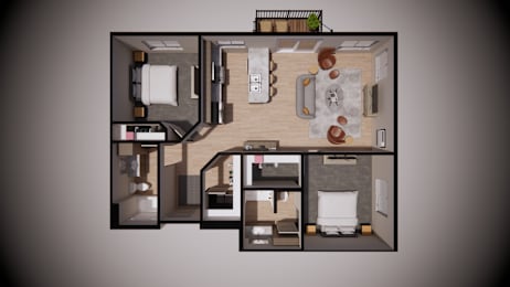 A 3D floor plan of a small apartment with a kitchen, living room, and two bedrooms.