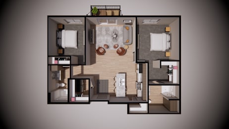 A top-down view of a small apartment layout with a kitchen, living room, and bathroom.
