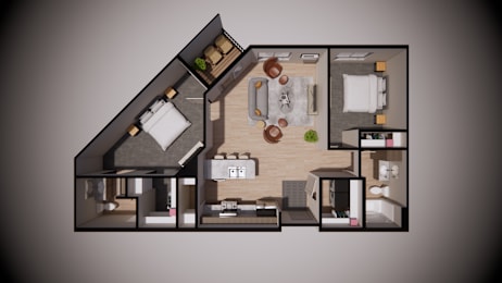A top-down view of a house layout with a kitchen, living room, and bedrooms.