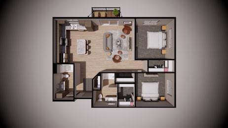 A 3D rendered image of a small apartment layout.