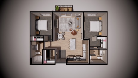 A 3D floor plan of a house with a kitchen, living room, and two bedrooms.
