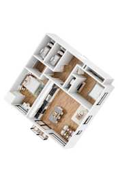 A top down view of a house layout with a living room, kitchen, and two bedrooms.