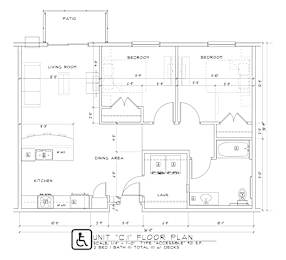 A floor plan of a home with a living room, two bedrooms, a kitchen, a dining area, a laundry room, and a patio.