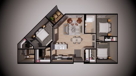 A top-down view of a modern apartment layout with a kitchen, living room, and bedrooms.