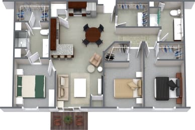 3D floorplan 3BD2BA Unit H