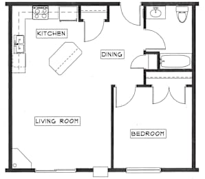 A floor plan of a small apartment with a kitchen, dining area, living room, and bedroom.