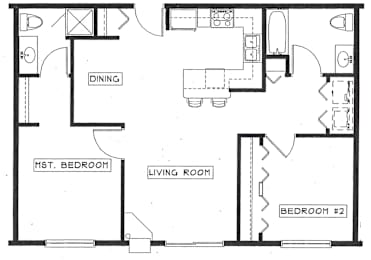 A floor plan of a house with a dining area, two bedrooms, and a living room.
