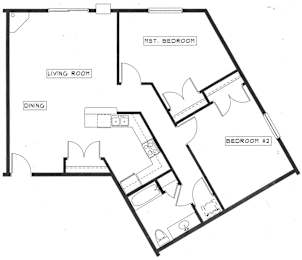 A black and white image of a house floor plan with a living room, dining room, and two bedrooms.