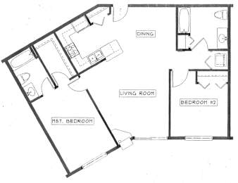 A floor plan of a house with a dining area, two bedrooms, and a living room.