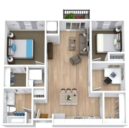 a 3d drawing of a bedroom with a wood floor