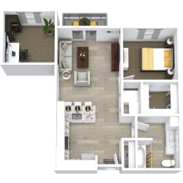 a stylized floor plan of a house with a bedroom and a living room