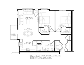 A black and white image of a floor plan for a two bedroom apartment.