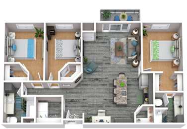 A top-down view of a house layout with a kitchen, living room, and bathroom.