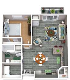A top-down view of a small apartment with a kitchen, living room, and bathroom.