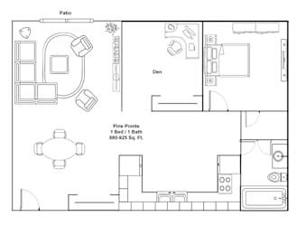 A floor plan of a Pine Pointe property showing a patio, den, and bedroom.
