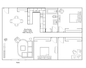 A floor plan of a Pine Pointe property with 3 bedrooms and 1 bathroom.
