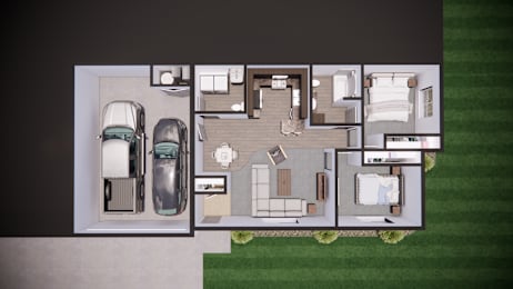 A house plan with a garage and a backyard.