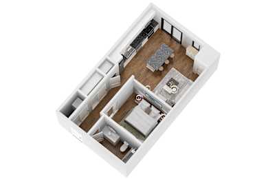 A top-down view of a modern apartment layout.