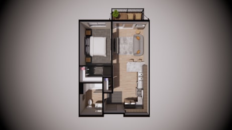 A 3D rendered image of a small apartment layout.