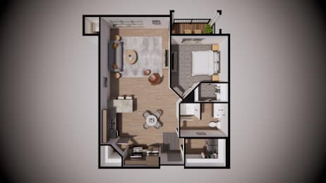 A floor plan of a small apartment with a kitchen, living room, and bathroom.