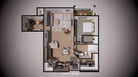 A 3D rendered image of a floor plan for a residential unit.