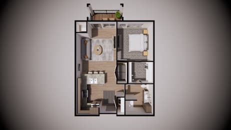 A 3D floor plan of a house with a kitchen, living room, and bathroom.