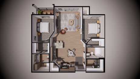 A 3D rendered image of a small apartment layout.