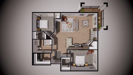 A 3D rendered image of a house layout.