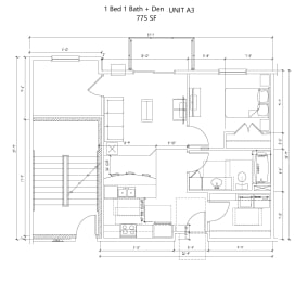 A.3 one bed one bath + den