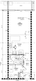 A floor plan of a small apartment with a living room, kitchen, bathroom, and laundry area.