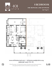 Floor Plan  A floor plan for a 1 bedroom apartment sized at 627 square feet.
