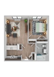 Floor Plan  A top down view of a small apartment with a kitchen, living room, and bathroom.