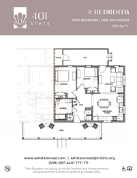 Floor Plan  A floor plan for a 2 bedroom, one bathroom apartment at 401 State.