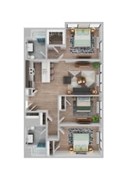 Floor Plan  A top-down view of a two-story apartment with a living room, kitchen, and bedrooms.