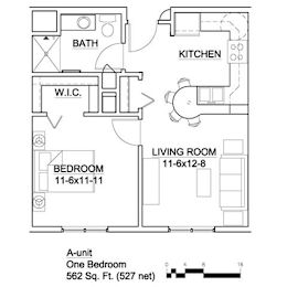 Floor Plan  A drawing of a floor plan for an apartment with one bedroom.