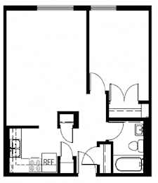 Floor Plan  A black and white image of a floor plan with a kitchen, living room, and bathroom.