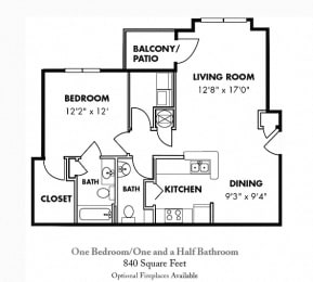  Floor Plan 1 Bedroom/1.5 Bath