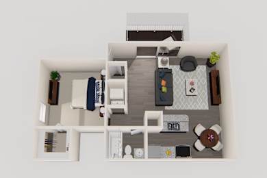 A top-down view of a small, neatly organized apartment with a kitchen, living room, and bathroom.