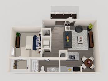 A top-down view of a small apartment with a kitchen, living room, and bedroom.