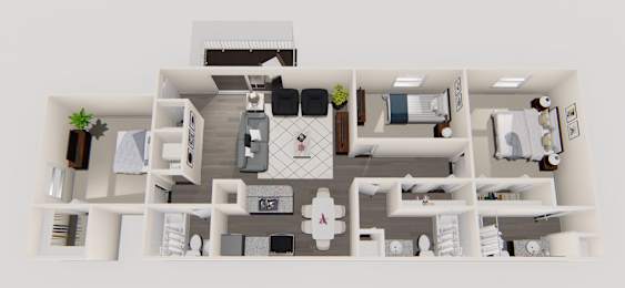 A top down view of a house interior with a kitchen, living room, and bedrooms.
