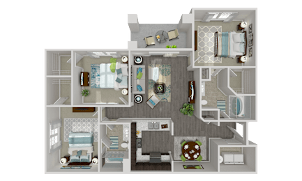 A detailed 3D floor plan of a house layout.