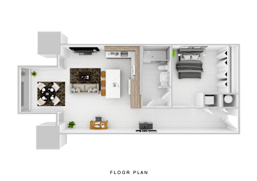 A floor plan of a small apartment with a living room, kitchen, and bedroom.